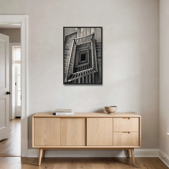 Stairwell Art of a Square Switchback Descent - Black Framed Canvas Wall Art - Coffee Table - 24x36
