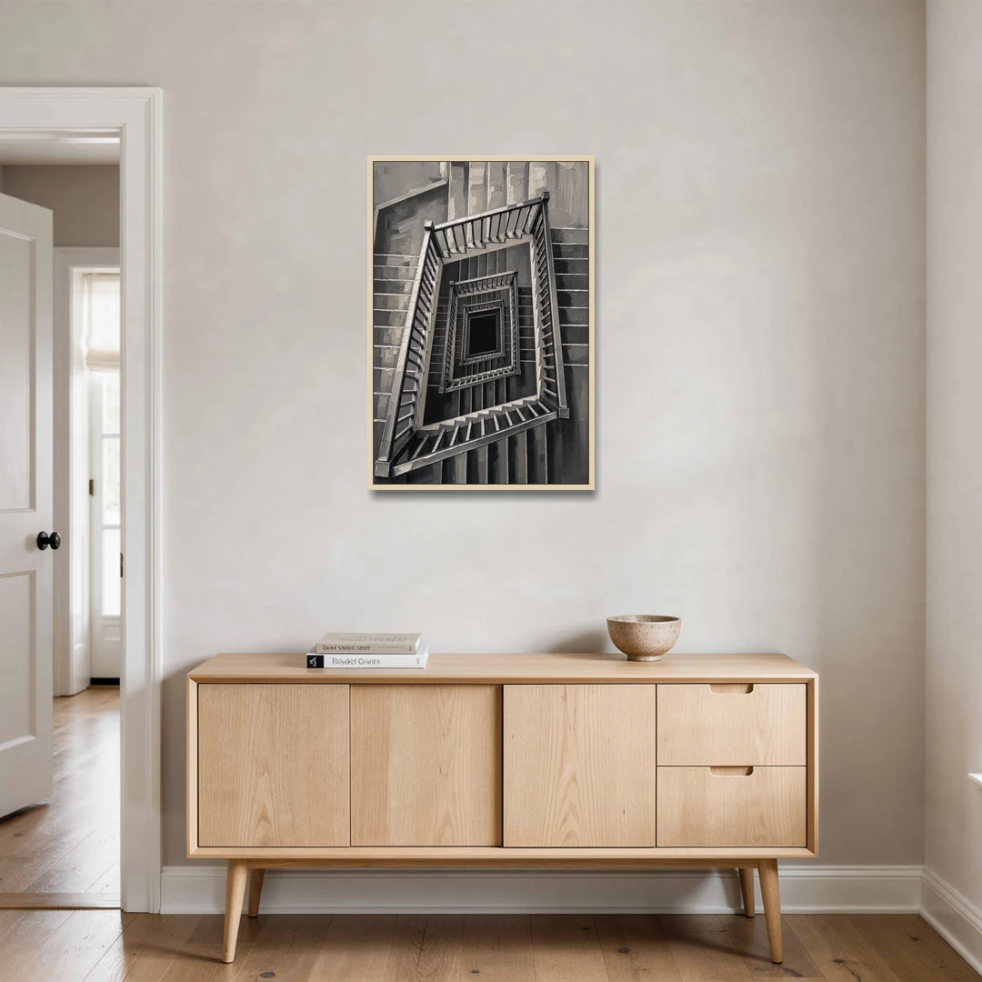Stairwell Art of a Square Switchback Descent - Oak Framed Canvas Wall Art - Coffee Table - 24x36