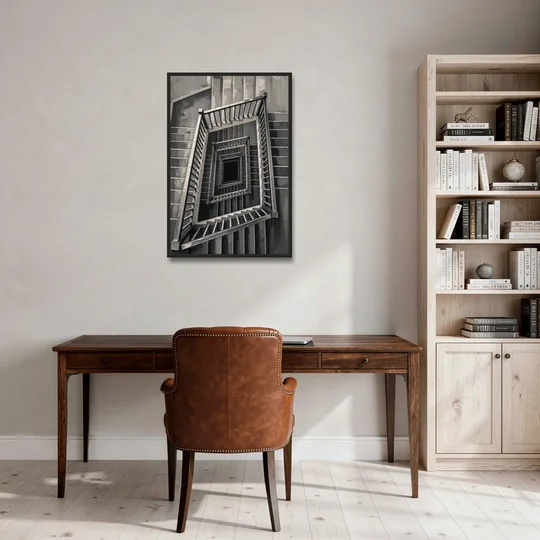 Stairwell Art of a Square Switchback Descent - Black Framed Canvas Wall Art - Office - 24x36