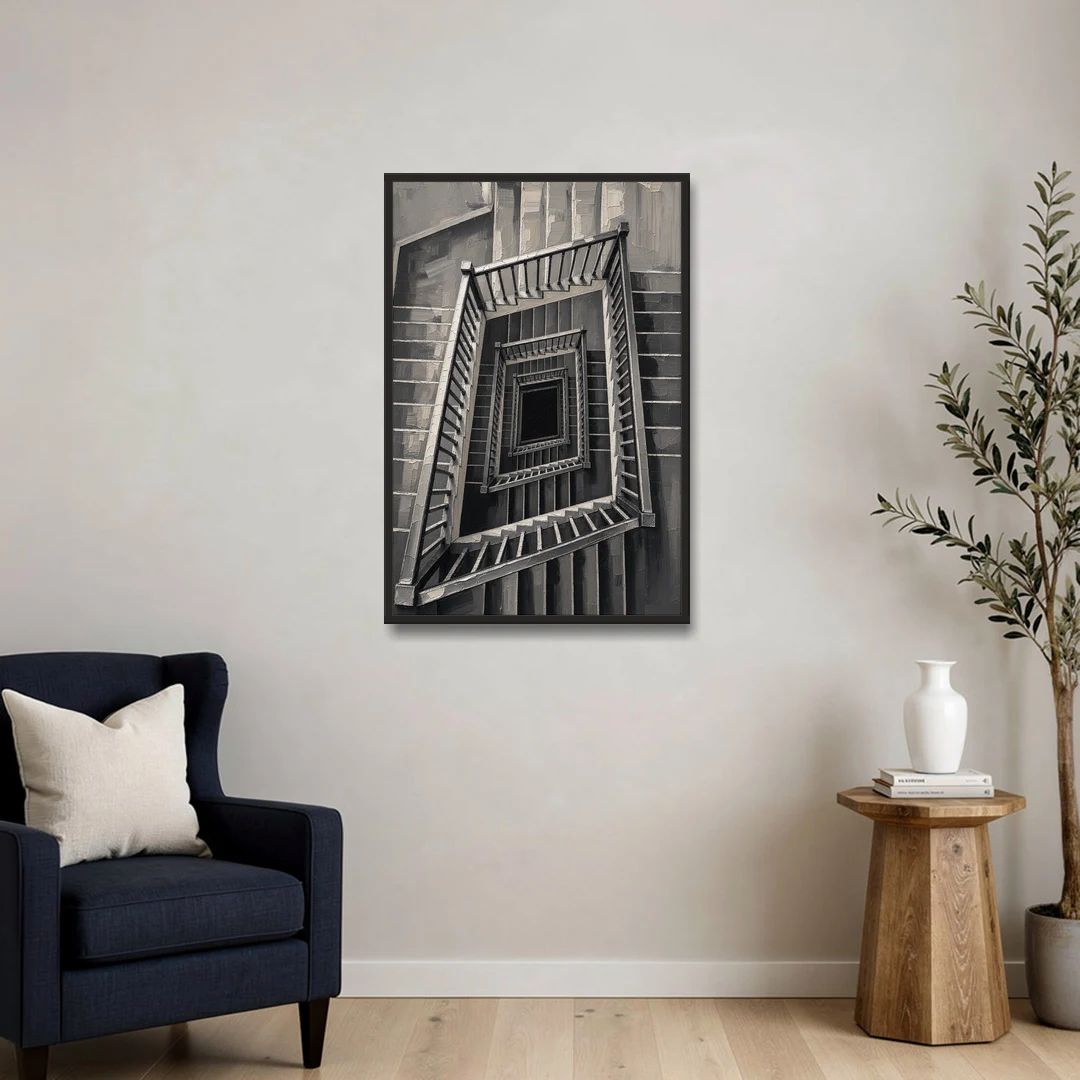 Stairwell Art of a Square Switchback Descent - Black Framed Canvas Wall Art - Sofa - 24x36