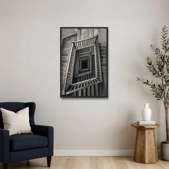 Stairwell Art of a Square Switchback Descent - Black Framed Canvas Wall Art - Sofa - 24x36