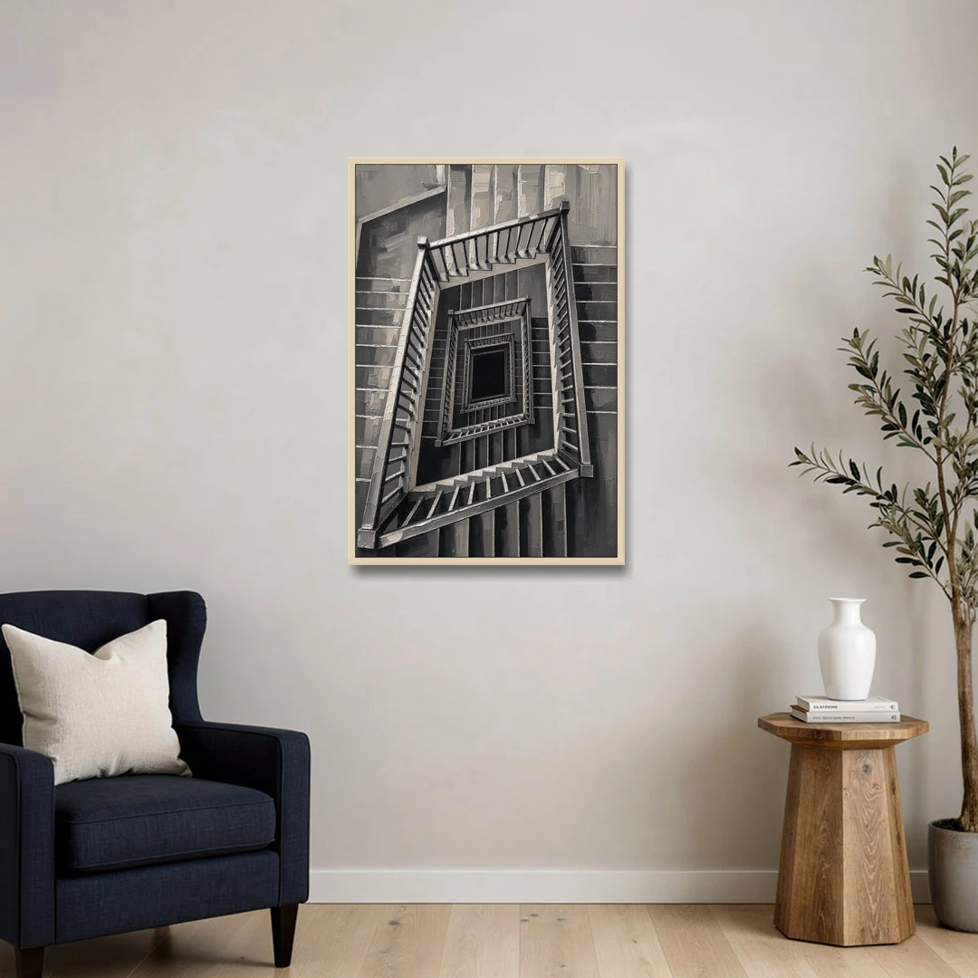 Stairwell Art of a Square Switchback Descent - Oak Framed Canvas Wall Art - Sofa - 24x36