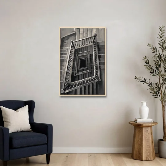 Stairwell Art of a Square Switchback Descent - Oak Framed Canvas Wall Art - Sofa - 24x36