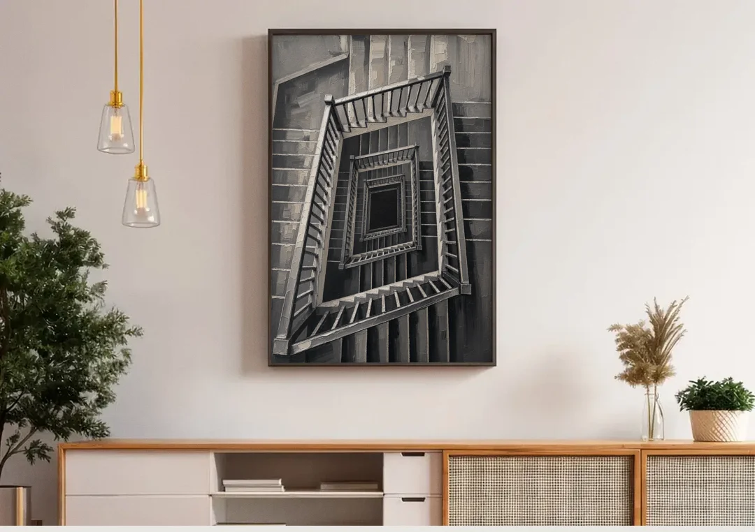 Stairwell Art of a Square Switchback Descent canvas wall art above a wooden sideboard under pendant lights