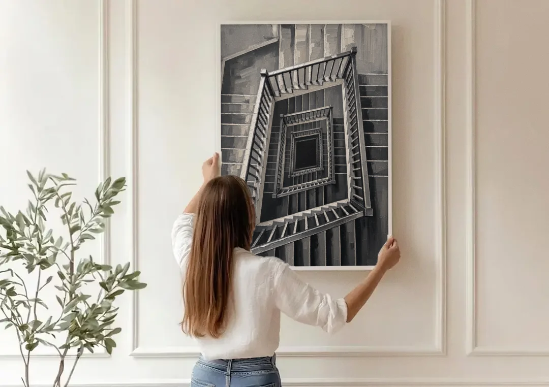 Stairwell Art of a Square Switchback Descent canvas wall art being hung on a paneled wall