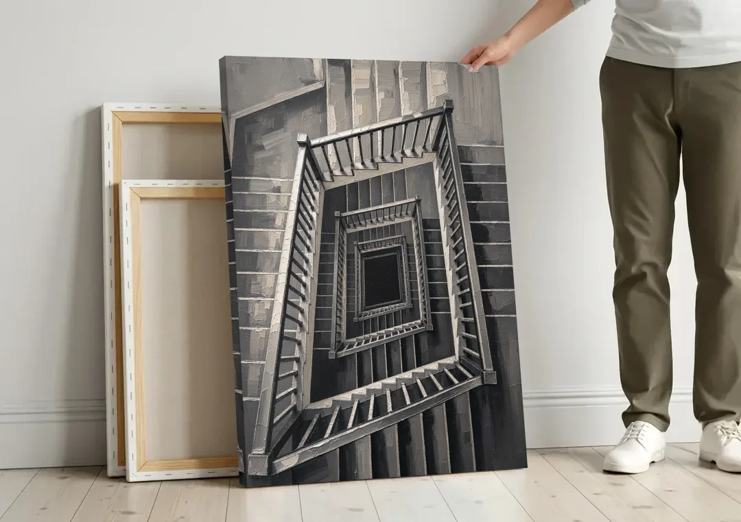 Stairwell Art of a Square Switchback Descent canvas wall art leaning against a wall next to blank canvases