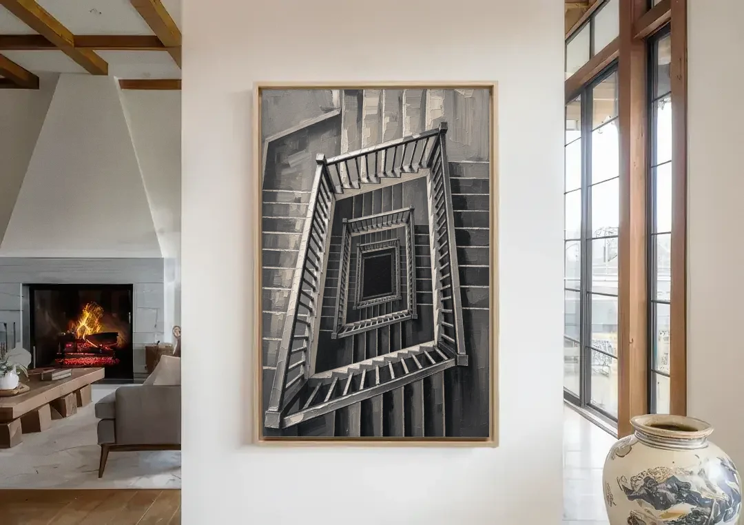 Stairwell Art of a Square Switchback Descent canvas wall art in a living room with a fireplace