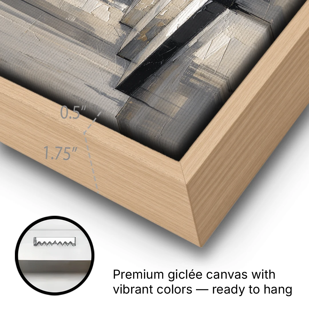 Stairwell Wall Art with Black and Bone Steps - Oak Framed Canvas Wall Art - Gallery Wrap Corner