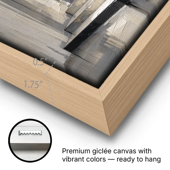 Stairwell Wall Art with Black and Bone Steps - Oak Framed Canvas Wall Art - Gallery Wrap Corner