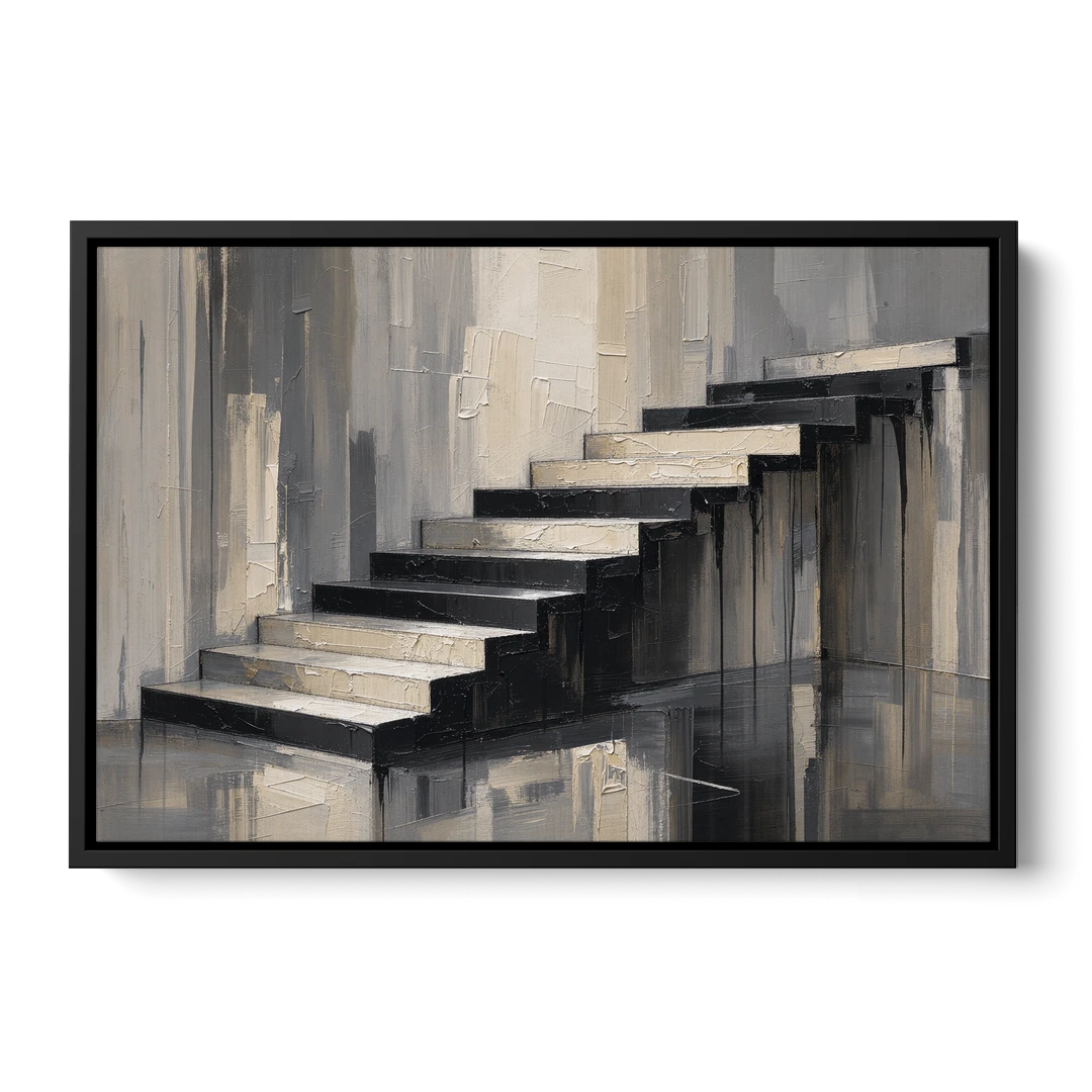 Stairwell Wall Art with Black and Bone Steps - Black Framed Canvas Wall Art - Front
