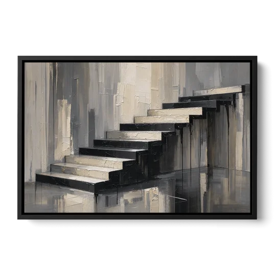 Stairwell Wall Art with Black and Bone Steps - Black Framed Canvas Wall Art - Front