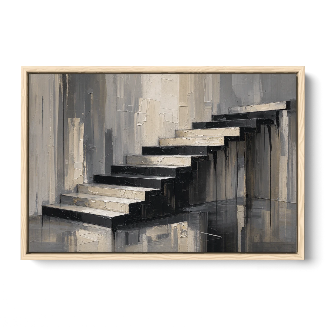 Stairwell Wall Art with Black and Bone Steps - Oak Framed Canvas Wall Art - Front