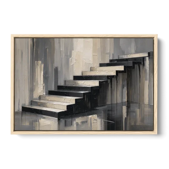 Stairwell Wall Art with Black and Bone Steps - Oak Framed Canvas Wall Art - Front