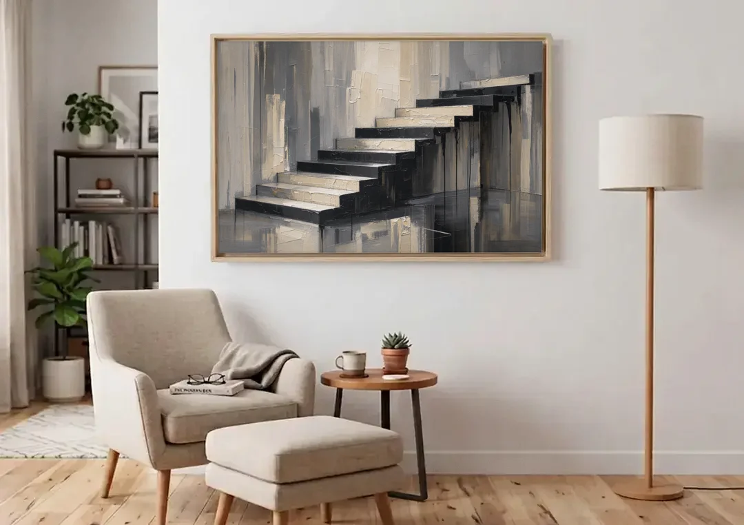 Stairwell Wall Art with Black and Bone Steps canvas wall art above an armchair in a bright living room