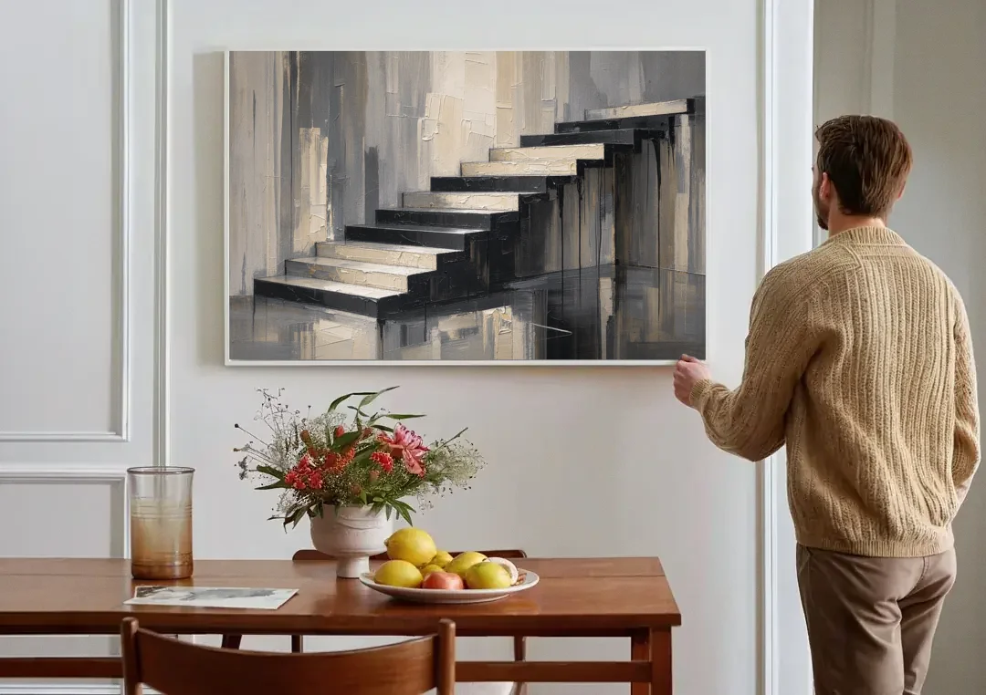 Stairwell Wall Art with Black and Bone Steps canvas wall art above a dining table
