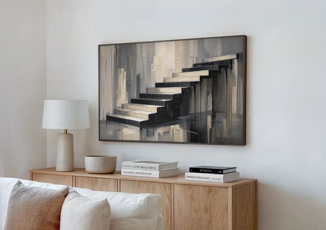 Stairwell Wall Art with Black and Bone Steps canvas wall art above a wooden sideboard next to a sofa