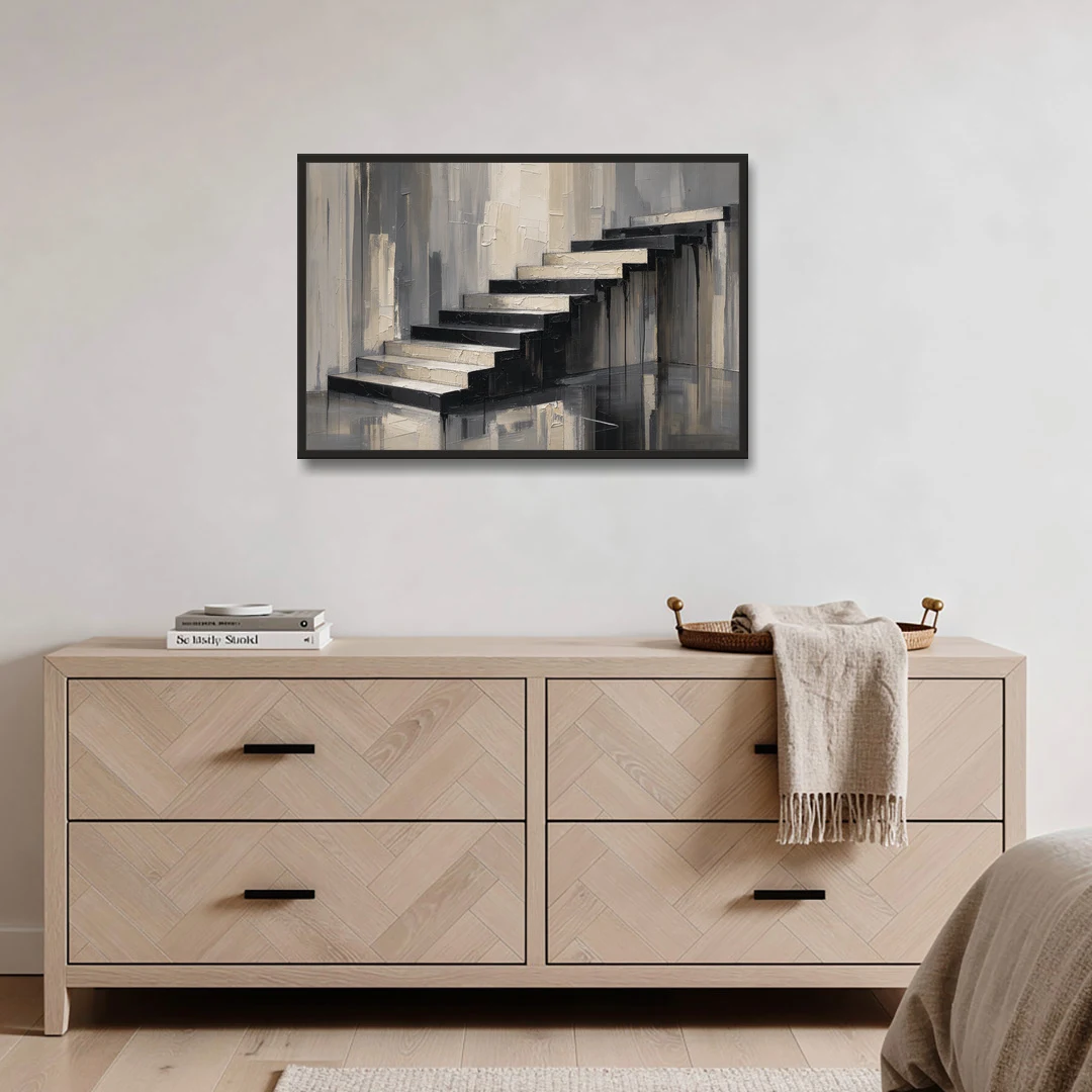 Stairwell Wall Art with Black and Bone Steps - Black Framed Canvas Wall Art - Coffee Table - 36x24