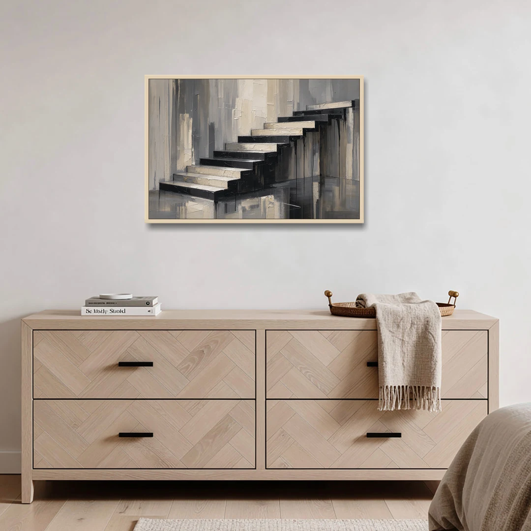 Stairwell Wall Art with Black and Bone Steps - Oak Framed Canvas Wall Art - Coffee Table - 36x24
