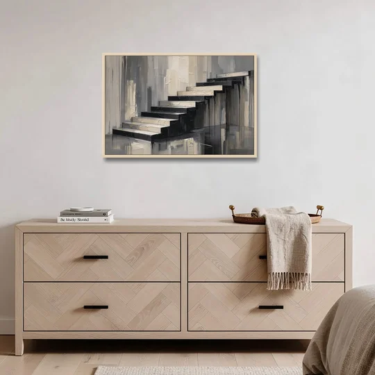 Stairwell Wall Art with Black and Bone Steps - Oak Framed Canvas Wall Art - Coffee Table - 36x24