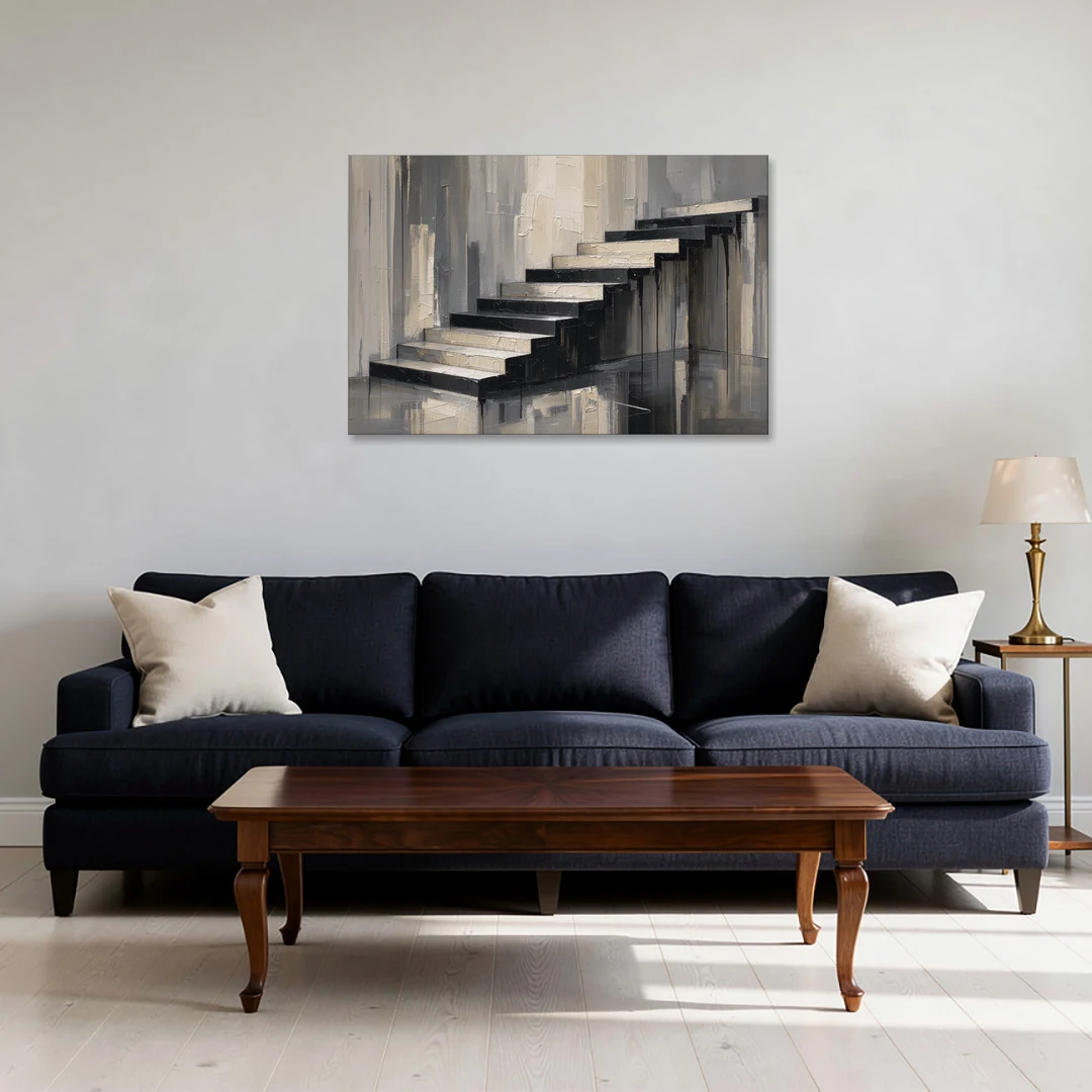 Stairwell Wall Art with Black and Bone Steps - Canvas Wall Art - Sofa - 36x24