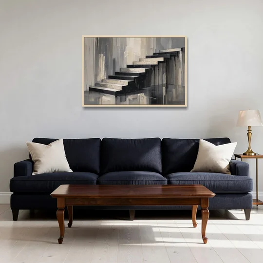 Stairwell Wall Art with Black and Bone Steps - Oak Framed Canvas Wall Art - Sofa - 36x24