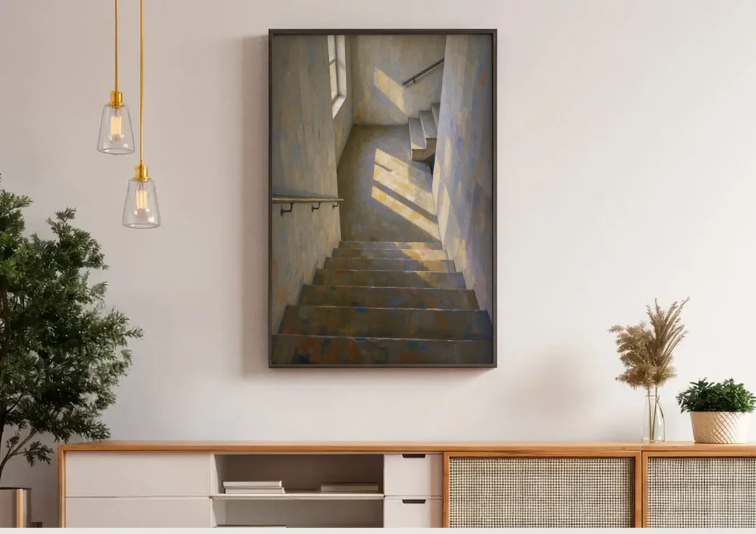 Stairwell Wall Decor with Sunlight on the Landing canvas wall art above a wooden sideboard under pendant lights