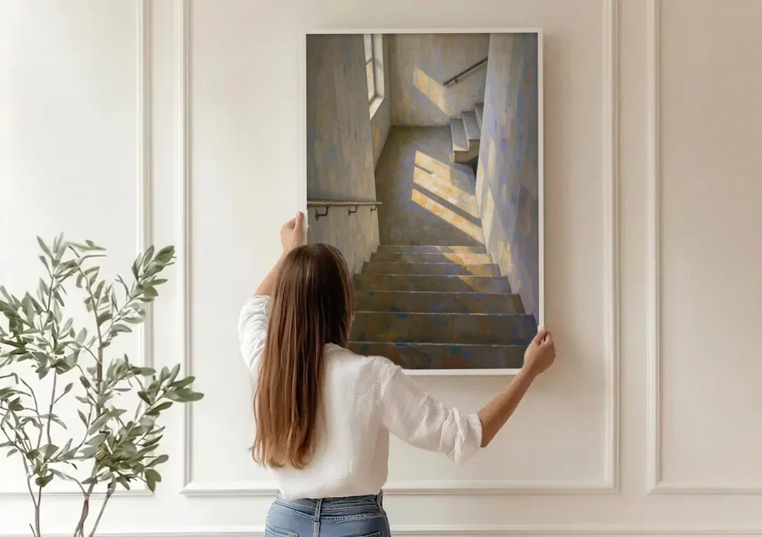 Stairwell Wall Decor with Sunlight on the Landing canvas wall art being hung on a paneled wall