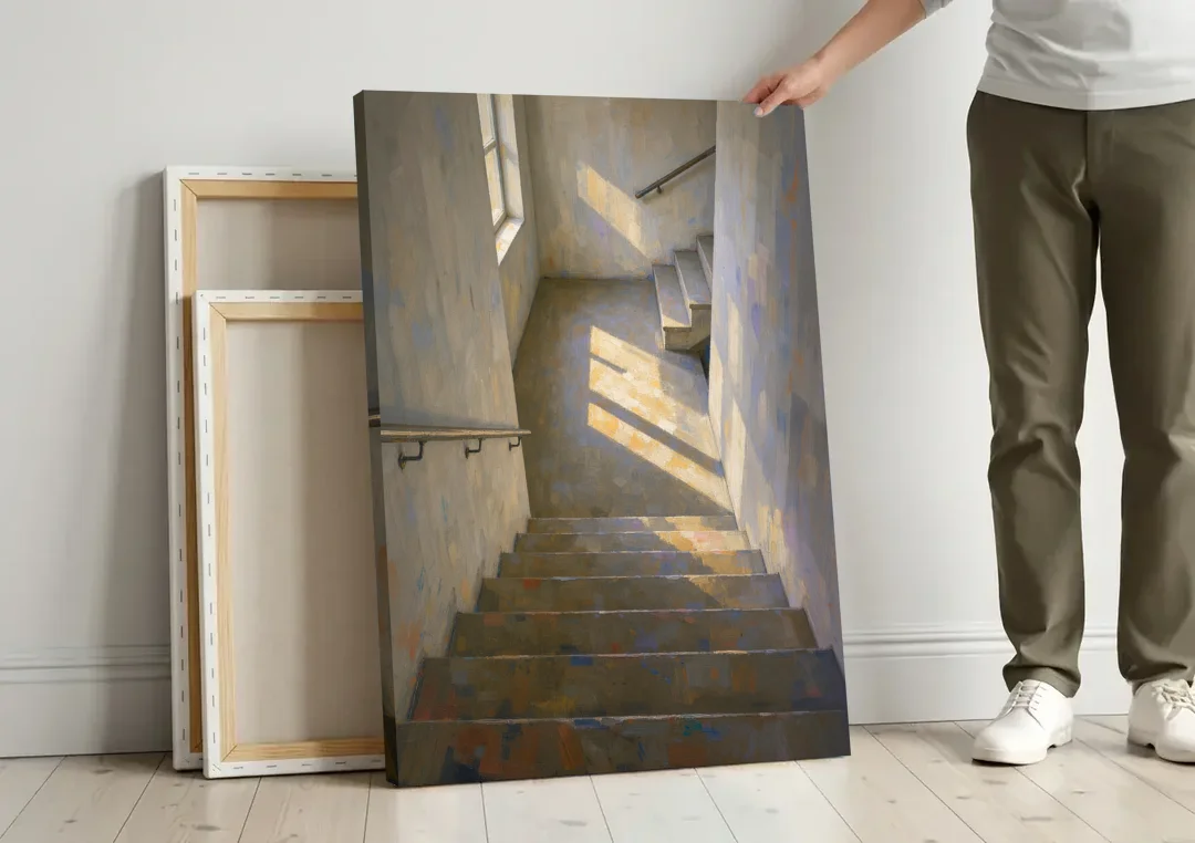 Stairwell Wall Decor with Sunlight on the Landing canvas wall art leaning against a wall next to blank canvases