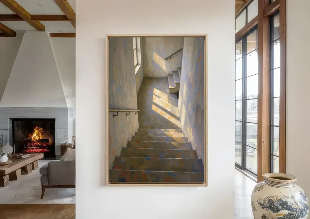 Stairwell Wall Decor with Sunlight on the Landing canvas wall art in a living room with a fireplace