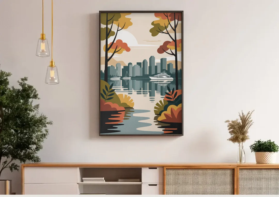 Stanley Park Seawall canvas wall art above a wooden sideboard under pendant lights