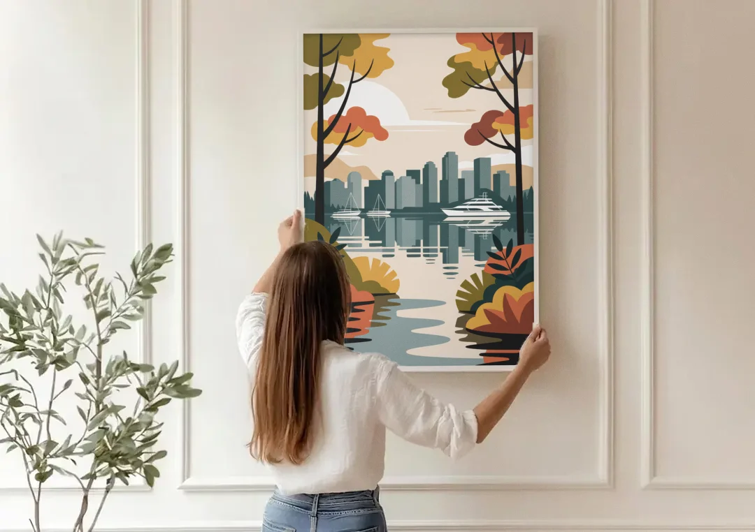 Stanley Park Seawall canvas wall art being hung on a paneled wall