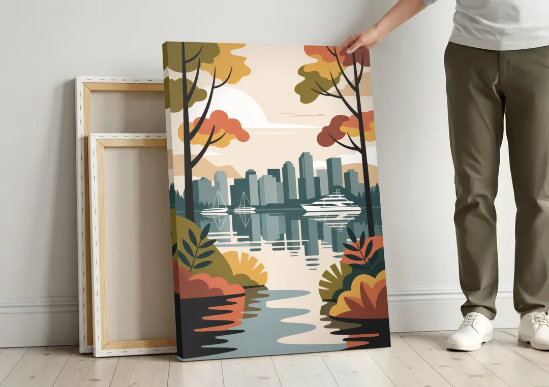 Stanley Park Seawall canvas wall art leaning against a wall next to blank canvases