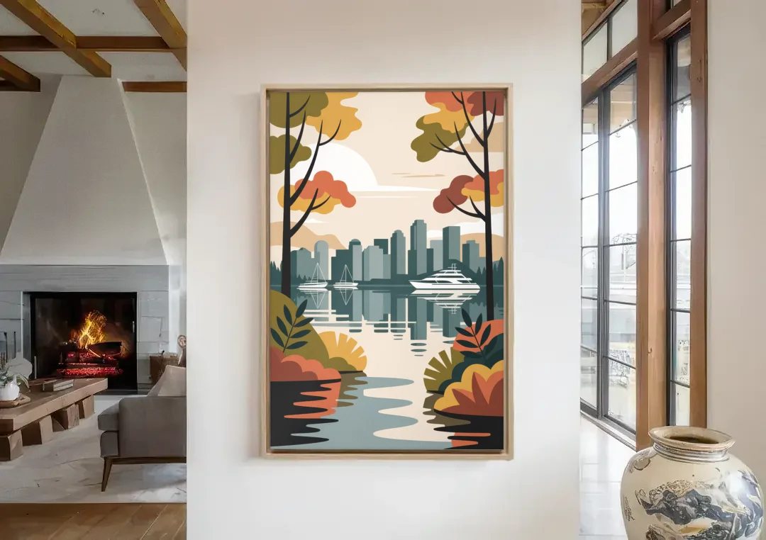Stanley Park Seawall canvas wall art in a living room with a fireplace