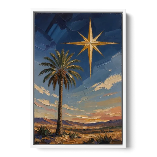 Star of Bethlehem Painting with Desert Palm - White Framed Canvas Wall Art - Front
