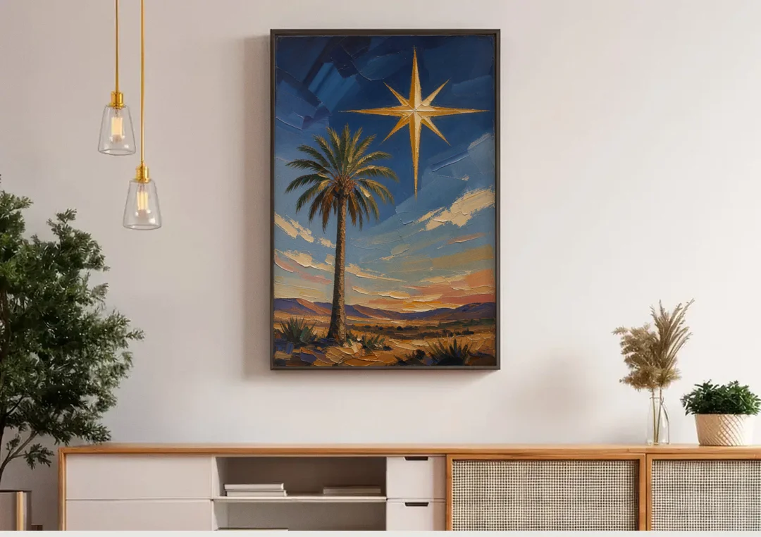 Star of Bethlehem Painting with Desert Palm canvas wall art above a wooden sideboard under pendant lights