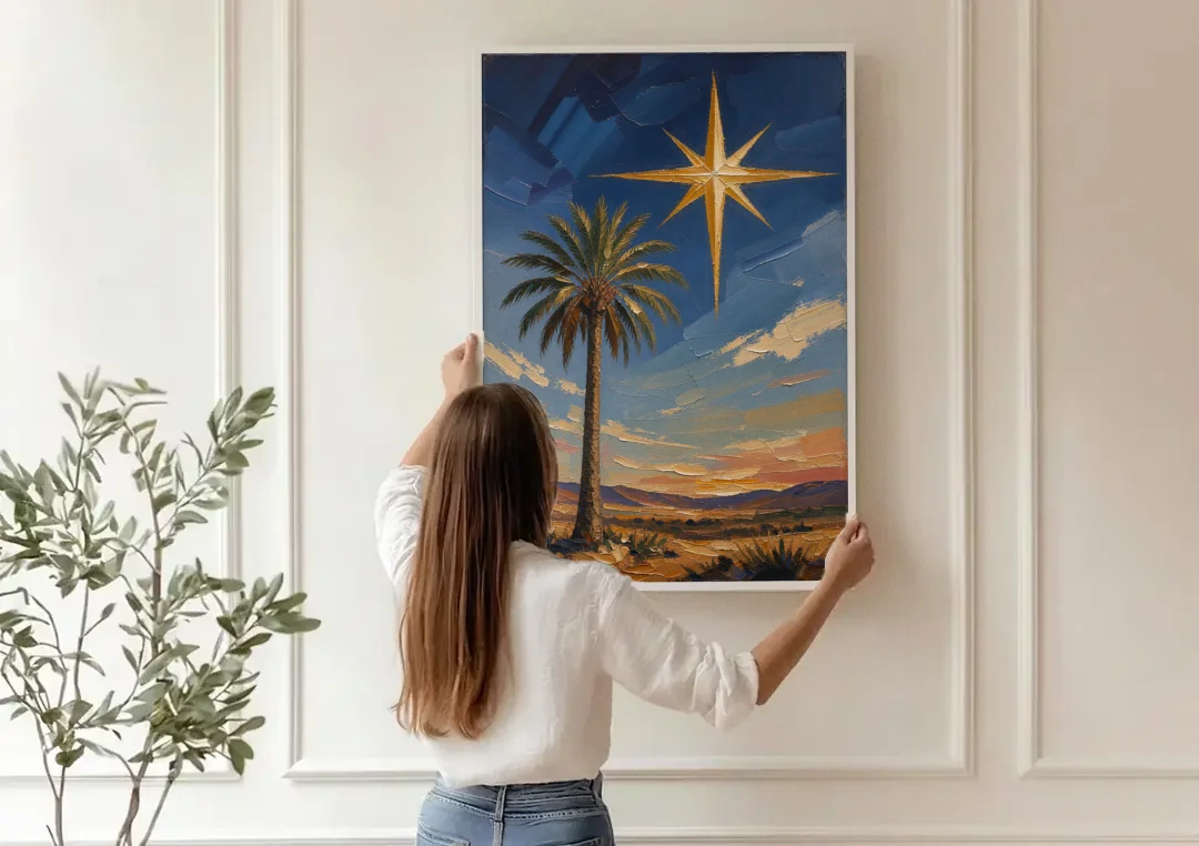 Star of Bethlehem Painting with Desert Palm canvas wall art being hung on a paneled wall