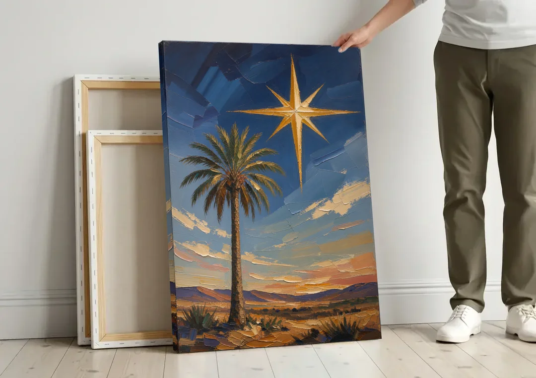 Star of Bethlehem Painting with Desert Palm canvas wall art leaning against a wall next to blank canvases
