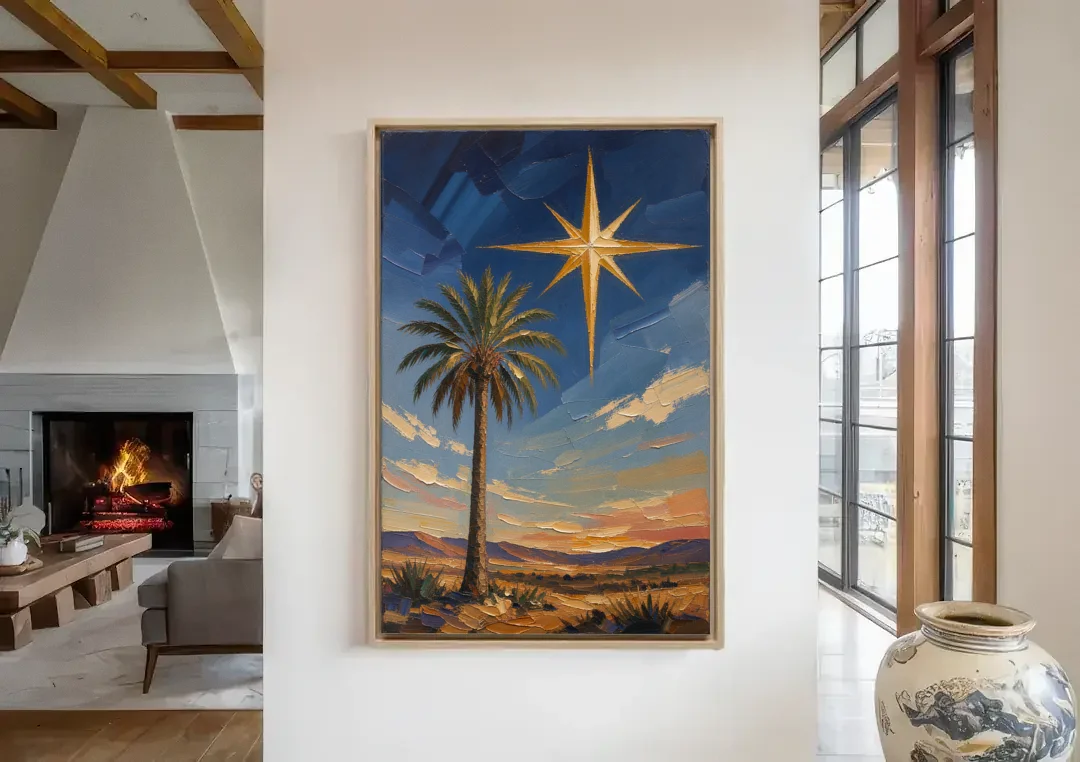 Star of Bethlehem Painting with Desert Palm canvas wall art in a living room with a fireplace