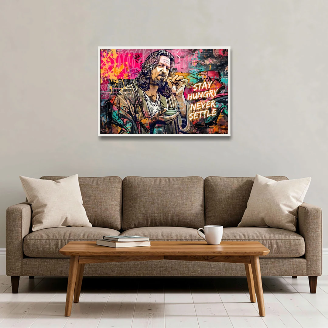 Stay Hungry Never Settle - White Framed Canvas Wall Art - Sofa - 36x24