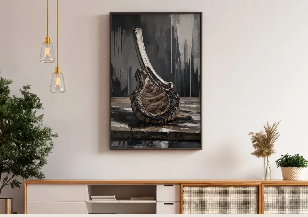Steakhouse Decor Tomahawk Ribeye on the Board canvas wall art above a wooden sideboard under pendant lights
