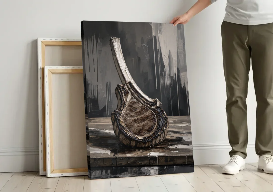 Steakhouse Decor Tomahawk Ribeye on the Board canvas wall art leaning against a wall next to blank canvases