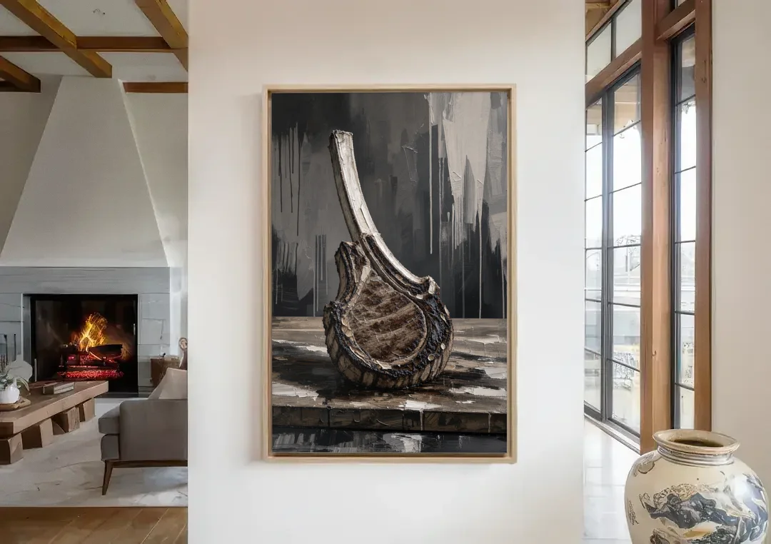 Steakhouse Decor Tomahawk Ribeye on the Board canvas wall art in a living room with a fireplace