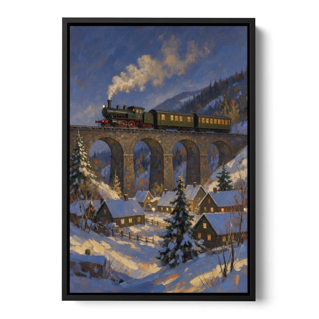 Steam Train on a Snowy Stone Viaduct - Black Framed Canvas Wall Art - Front