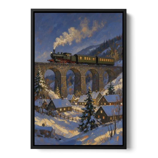 Steam Train on a Snowy Stone Viaduct - Black Framed Canvas Wall Art - Front