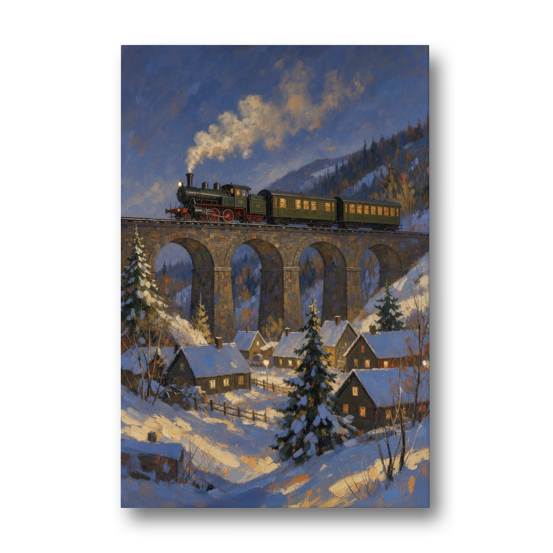 Steam Train on a Snowy Stone Viaduct - Canvas Wall Art - Front