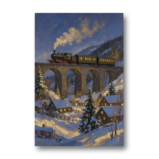 Steam Train on a Snowy Stone Viaduct - Canvas Wall Art - Front