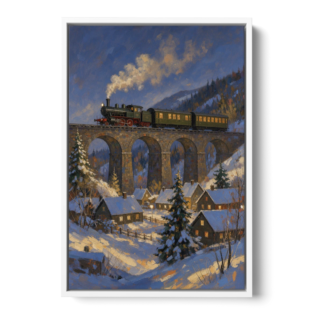 Steam Train on a Snowy Stone Viaduct - White Framed Canvas Wall Art - Front