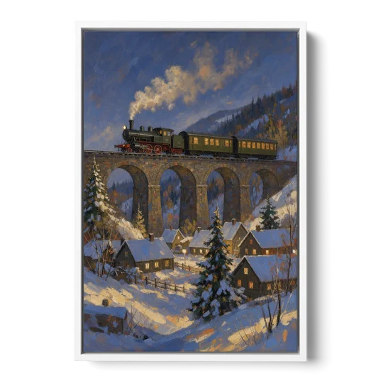 Steam Train on a Snowy Stone Viaduct - White Framed Canvas Wall Art - Front