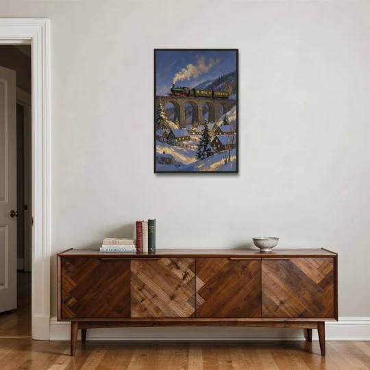 Steam Train on a Snowy Stone Viaduct - Black Framed Canvas Wall Art - Coffee Table - 24x36