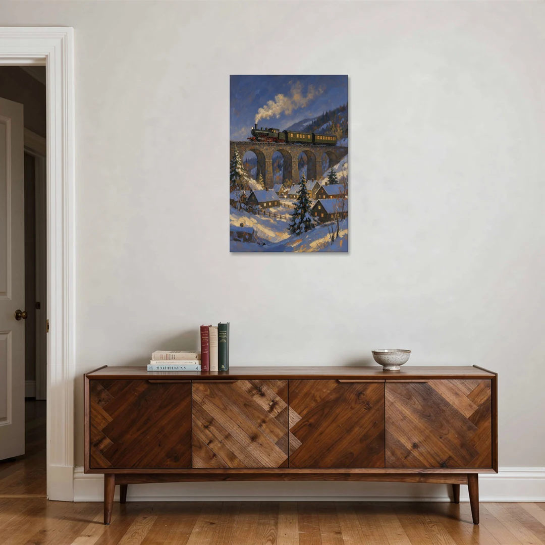 Steam Train on a Snowy Stone Viaduct - Canvas Wall Art - Coffee Table - 24x36